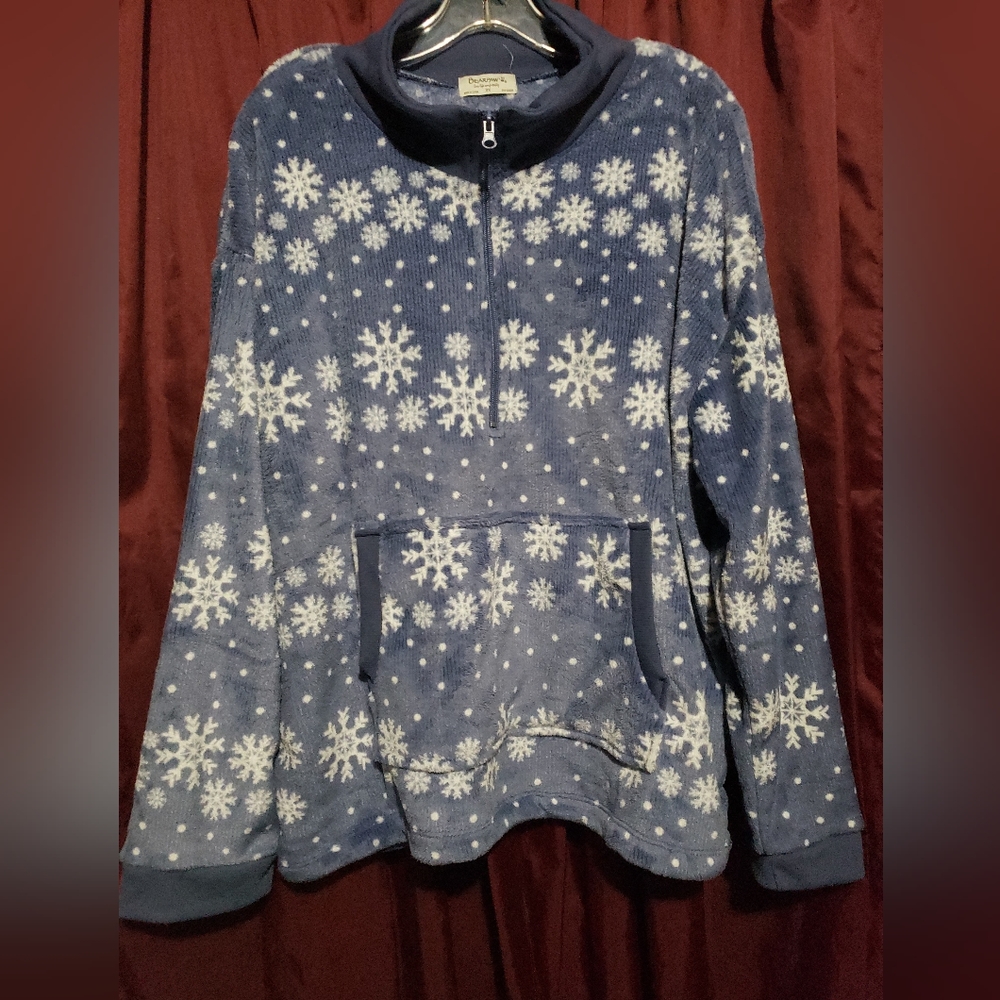 BEARPAW Soft Fleece Blue/White Snowflake Zip Up Pull Over With Front Pocket NWT